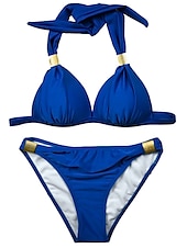 abordables Ensemble de bikinis-Femme Normal Maillots de Bain Bikinis 2 pièces Tanga Maillot de bain Licou 2 Pièces Dos ouvert Sexy Vacances Mode Couleur monochrome Col en V Sans Manches Maillots de bain