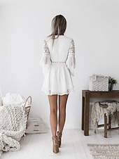 cheap White Lace Dresses-Women&#039;s Mini Dress White Dress Lace Dress Party Dress A Line Dress Elegant Hot Daily Holiday Date Slim Pure Color Long Sleeve V Neck Black White Wine Summer Spring