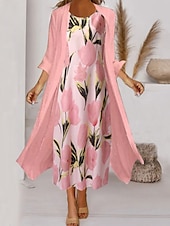 cheap Floral Dress-Women&#039;s Midi Dress Two Piece Dress Set Church Dress Pink Green Gray 3/4 Length Sleeve Floral Ruched Summer Spring Crew Neck Elegant 2023 S M L XL XXL 3XL
