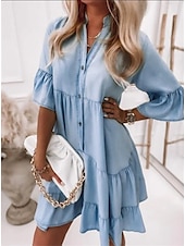 abordables Robes en jean-Robe en jean Robe casual Femme Robe mi-longue Jean Décontractées Extérieur du quotidien Vacances Col de Chemise Bouton Demi Manches Eté Printemps 2023 Ample Bleu clair Couleur monochrome S M L XL XXL