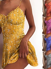 abordables Robes fleuries-Mini robe Femme Robe casual Sans Manches Printemps Eté - chaud robe sexy Lacet Imprimer Floral Vacances Fin de semaine Mince 2023 Boom Vente Robe Jaune foncé Rose Claire Blanche Jaune Pourpre fonc