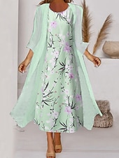 ieftine rochie florală-Wearing Midi Dress Set Rochie în Două Piese Rochie Verde Deschis Albastru Deschis Mâneci de 3/4 Floral Imprimeu Vară Primăvară Gât Crew Elegant