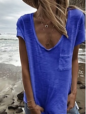 ieftine tricou simplu-Pentru femei Tricou Simplu De Bază Manșon scurt În V Topuri obișnuite Casual Sfârșit de săptămână Buzunar Alb Roșu-aprins Bleumarin Trifoi Kaki