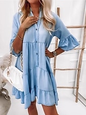 abordables Robes en jean-Robe en jean Robe casual Femme Robe mi-longue Jean Décontractées Extérieur du quotidien Vacances Col de Chemise Bouton Demi Manches Eté Printemps 2023 Ample Bleu clair Couleur monochrome S M L XL XXL
