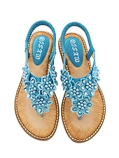 cheap Flat Sandals-Women's Boho Floral Beaded Sandals – Casual Elastic Strap Summer Flip-Flops with Embellished Design for Beach or Casual Outfits