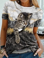 cheap Animals tee-Women&#039;s T shirt Tee Black White Blue Graphic Cat Print Short Sleeve Daily Weekend Vintage Round Neck Regular 3D Cat Painting S