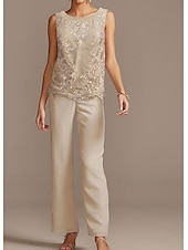olcso Anya kombinéi-Jumpsuit  Overál a menyasszony édesanyjának formális esküvői vendég elegáns ékszer nyakú földig érő chiffon csipke 3/4-es hosszú ujjú gyöngyözéssel applikációk szabad egyedi méretben