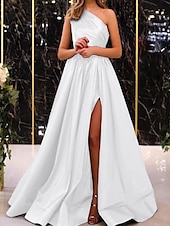 economico viola-Abito da sera A-Line abito elegante abito da sposa coinvolgimento lunghezza pavimento senza maniche spalla unica satinato con plissettature spacco