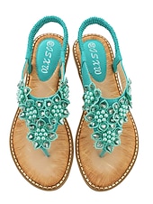 cheap Flat Sandals-Women's Boho Floral Beaded Sandals – Casual Elastic Strap Summer Flip-Flops with Embellished Design for Beach or Casual Outfits