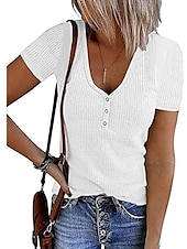 cheap Plain tee-Women&#039;s Henley Shirt T shirt Tee Black White Pink Plain Button Short Sleeve Casual Daily Sexy Round Neck Regular S