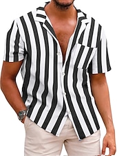 preiswerte Herrenhemd zum Knöpfen-Herren Hemd Sommerhemd Freizeithemd Kuba-Kragen-Hemd Knopfhemd Camp-Kragenhemd Schwarz Blau Kurzarm Gestreift Umlegekragen 3D-Druck Ferien Streifen Bekleidung Polyester Farbblock Klassisch Lässig
