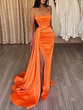 cheap ORANGE-Mermaid Sequin Evening Gown Sexy Dress Wedding Guest Cocktail Party Court Train Sleeveless Strapless Bridesmaid Dress Satin with Beading Pure Color Masquerade Dress 2025