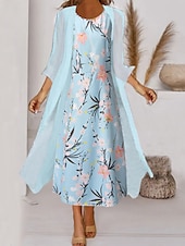 ieftine rochie florală-Wearing Midi Dress Set Rochie în Două Piese Rochie Verde Deschis Albastru Deschis Mâneci de 3/4 Floral Imprimeu Vară Primăvară Gât Crew Elegant