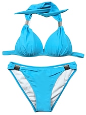 abordables Ensemble de bikinis-Femme Normal Maillots de Bain Bikinis 2 pièces Tanga Maillot de bain Licou 2 Pièces Dos ouvert Sexy Vacances Mode Couleur monochrome Col en V Sans Manches Maillots de bain