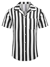 preiswerte Herrenhemd zum Knöpfen-Herren Hemd Sommerhemd Freizeithemd Kuba-Kragen-Hemd Knopfhemd Camp-Kragenhemd Schwarz Blau Kurzarm Gestreift Umlegekragen 3D-Druck Ferien Streifen Bekleidung Polyester Farbblock Klassisch Lässig