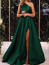 economico viola-Abito da sera A-Line abito elegante abito da sposa coinvolgimento lunghezza pavimento senza maniche spalla unica satinato con plissettature spacco
