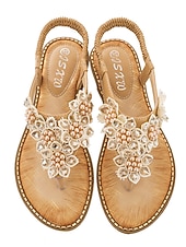 cheap Flat Sandals-Women's Boho Floral Beaded Sandals – Casual Elastic Strap Summer Flip-Flops with Embellished Design for Beach or Casual Outfits