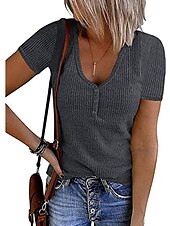 cheap Plain tee-Women&#039;s Henley Shirt T shirt Tee Black White Pink Plain Button Short Sleeve Casual Daily Sexy Round Neck Regular S