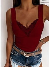 abordables Débardeurs et camisoles femme-Débardeur pour femmes hauts de sortie débardeur de concert noir blanc bleu uni patchwork dentelle sans manches fête quotidien basique sexy décolleté réguliers S