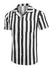 preiswerte Herrenhemd zum Knöpfen-Herren Hemd Sommerhemd Freizeithemd Kuba-Kragen-Hemd Knopfhemd Camp-Kragenhemd Schwarz Blau Kurzarm Gestreift Umlegekragen 3D-Druck Ferien Streifen Bekleidung Polyester Farbblock Klassisch Lässig