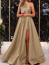 economico viola-Abito da sera A-Line abito elegante abito da sposa coinvolgimento lunghezza pavimento senza maniche spalla unica satinato con plissettature spacco