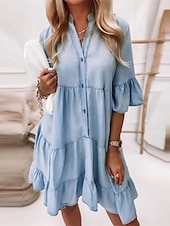 abordables Robes en jean-Robe en jean Robe casual Femme Robe mi-longue Jean Décontractées Extérieur du quotidien Vacances Col de Chemise Bouton Demi Manches Eté Printemps 2023 Ample Bleu clair Couleur monochrome S M L XL XXL