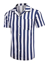 preiswerte Herrenhemd zum Knöpfen-Herren Hemd Sommerhemd Freizeithemd Kuba-Kragen-Hemd Knopfhemd Camp-Kragenhemd Schwarz Blau Kurzarm Gestreift Umlegekragen 3D-Druck Ferien Streifen Bekleidung Polyester Farbblock Klassisch Lässig
