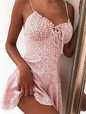 abordables Robes fleuries-Mini robe Femme Robe casual Sans Manches Printemps Eté - chaud robe sexy Lacet Imprimer Floral Vacances Fin de semaine Mince 2023 Boom Vente Robe Jaune foncé Rose Claire Blanche Jaune Pourpre fonc