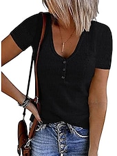 cheap Plain tee-Women&#039;s Henley Shirt T shirt Tee Black White Pink Plain Button Short Sleeve Casual Daily Sexy Round Neck Regular S
