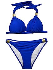 abordables Ensemble de bikinis-Femme Normal Maillots de Bain Bikinis 2 pièces Tanga Maillot de bain Licou 2 Pièces Dos ouvert Sexy Vacances Mode Couleur monochrome Col en V Sans Manches Maillots de bain