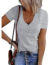 cheap Plain tee-Women&#039;s Henley Shirt T shirt Tee Black White Pink Plain Button Short Sleeve Casual Daily Sexy Round Neck Regular S