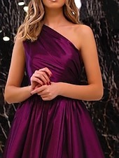 economico viola-Abito da sera A-Line abito elegante abito da sposa coinvolgimento lunghezza pavimento senza maniche spalla unica satinato con plissettature spacco