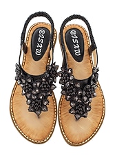 cheap Flat Sandals-Women's Boho Floral Beaded Sandals – Casual Elastic Strap Summer Flip-Flops with Embellished Design for Beach or Casual Outfits