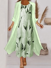 cheap Floral Dress-Women&#039;s Midi Dress Two Piece Dress Set Church Dress Pink Green Gray 3/4 Length Sleeve Floral Ruched Summer Spring Crew Neck Elegant 2023 S M L XL XXL 3XL