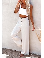 economico Pantaloni in lino e cotone semplici-Per donna Gamba larga Pantaloni in cotone e lino Pantaloni Larghi Vacanza Tinta unita Lunghezza intera Misura del girovita medio Elastico in vita Gamba larga Baggy Comodità Micro-elastico Casuale