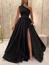 economico viola-Abito da sera A-Line abito elegante abito da sposa coinvolgimento lunghezza pavimento senza maniche spalla unica satinato con plissettature spacco