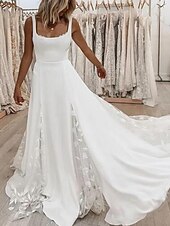 رخيصةأون فساتين زفاف-Boho Wedding Dresses A-Line Square Neck Spaghetti Strap Sleeveless Sweep / Brush Train Chiffon Bridal Gowns With Appliques Split Front 2023