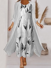 cheap Floral Dress-Women&#039;s Midi Dress Two Piece Dress Set Church Dress Pink Green Gray 3/4 Length Sleeve Floral Ruched Summer Spring Crew Neck Elegant 2023 S M L XL XXL 3XL