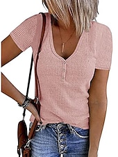cheap Plain tee-Women&#039;s Henley Shirt T shirt Tee Black White Pink Plain Button Short Sleeve Casual Daily Sexy Round Neck Regular S