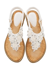 cheap Flat Sandals-Women's Boho Floral Beaded Sandals – Casual Elastic Strap Summer Flip-Flops with Embellished Design for Beach or Casual Outfits