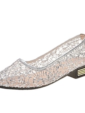 abordables Madre de la Novia/Novio-Zapatos planos de tacón bajo con encaje de malla para madre de la novia, elegantes zapatos de vestir sin cordones con punta puntiaguda para ceremonia y recepción de boda, comodidad transpirable.