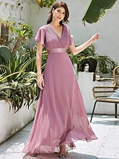 economico Abiti da sposa-Abito da sera A-Line Abito Impero Ospite di nozze Formale Serale Lunghezza sul pavimento Maniche corte Collo a V Abito da damigella Chiffon V retro con rouches a tinta unita 2025