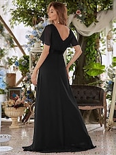 economico Abiti da sposa-Abito da sera A-Line Abito Impero Ospite di nozze Formale Serale Lunghezza sul pavimento Maniche corte Collo a V Abito da damigella Chiffon V retro con rouches a tinta unita 2025