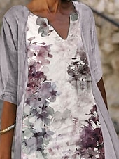 cheap Dress Sets-Women&#039;s Dress Set Two Piece Dress A Line Dress Midi Dress Light Blue Gray Half Sleeve Floral Print Summer Spring V Neck Elegant 2023 S M L XL XXL 3XL
