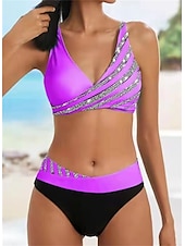 abordables Ensemble de bikinis-Femme Normal Maillots de Bain Bikinis 2 pièces Slip Brésilien Maillot de bain Dos Nu 2 Pièces Faire monter Sexy Imprimé Vacances mode A Ombre Feuille Col en V Sans Manches Maillots de bain