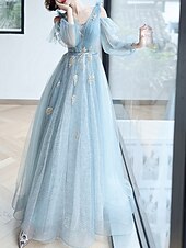 cheap Prom Dresses-A-Line Sparkle &amp; Shine Puffy Prom Formal Evening Dress V Neck Long Sleeve Floor Length  with Sequin Butterfly  dress to impress 2025