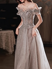 cheap Prom Dresses-A-Line Prom Dresses Sparkle &amp; Shine Dress Wedding Guest Prom Floor Length Short Sleeve Off Shoulder  with Sequin Ruffles  dress to impress 2025