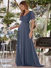 economico Abiti da sposa-Abito da sera A-Line Abito Impero Ospite di nozze Formale Serale Lunghezza sul pavimento Maniche corte Collo a V Abito da damigella Chiffon V retro con rouches a tinta unita 2025