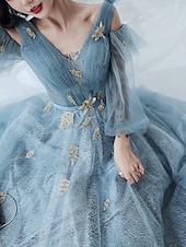 cheap Prom Dresses-A-Line Sparkle &amp; Shine Puffy Prom Formal Evening Dress V Neck Long Sleeve Floor Length  with Sequin Butterfly  dress to impress 2025