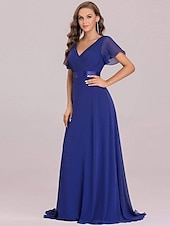 economico Abiti da sposa-Abito da sera A-Line Abito Impero Ospite di nozze Formale Serale Lunghezza sul pavimento Maniche corte Collo a V Abito da damigella Chiffon V retro con rouches a tinta unita 2025